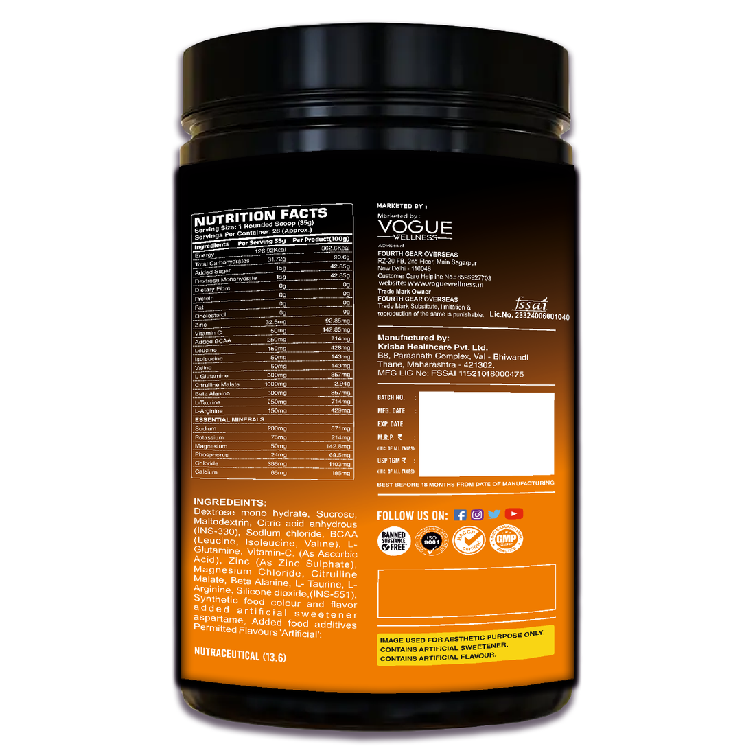 Fourth Gear REBOOT Electrolyte Powder Drink | Tangy Orange Flavour | For Intense Hydration & Energy